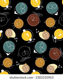 Abstract Hand Drawing Childish Comic Faces Smile Icons Dots Buttons Seamless Vector Pattern Isolated Background