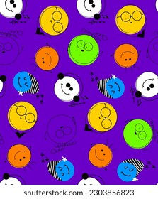 Abstract Hand Drawing Childish Comic Faces Smile Icons Dots Buttons Seamless Vector Pattern Isolated Background