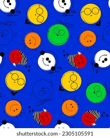 Abstract Hand Drawing Childish Comic Faces Smile Icons Dots Buttons Seamless Vector Pattern Isolated Background