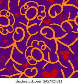 Abstract Hand Drawing Childish Girls and Boys Stickman with Red Hearts Seamless Vector Pattern Isolated Background