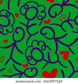 Abstract Hand Drawing Childish Girls and Boys Stickman with Red Hearts Seamless Vector Pattern Isolated Background
