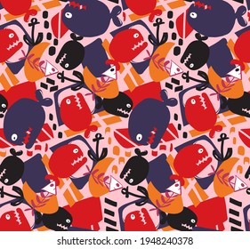 Abstract Hand Drawing Childish Marine Fishes Fishbones and Geometric Shapes Seamless Vector Kids Pattern Colorful Background
