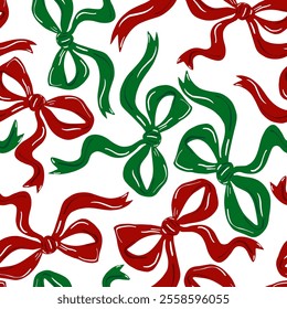 Abstract Hand Drawing Christmas New Year Concept Ribbons Coquettes Seamless Vector Gift 
Wrapping Paper Textile Upholstery Pattern Isolated Background