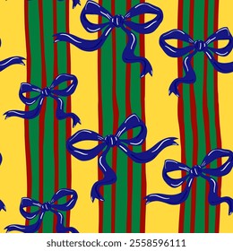 Abstract Hand Drawing Christmas New Year Concept Ribbons Coquettes with Vertical Stripes Lines Seamless Vector Gift Wrapping Paper Textile Upholstery Pattern Isolated Background