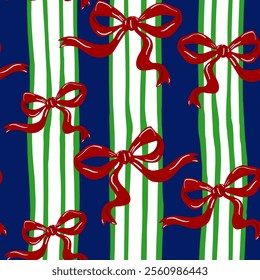 Abstract Hand Drawing Christmas New Year Concept Ribbons Coquettes with Vertical Stripes Lines Seamless Vector Gift Wrapping Paper Textile Upholstery Pattern Isolated Background