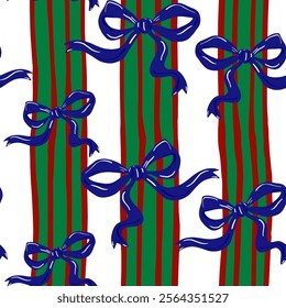 Abstract Hand Drawing Christmas New Year Concept Ribbons Coquettes with Vertical Stripes Lines Seamless Vector Gift Wrapping Paper Textile Upholstery Pattern Isolated Background