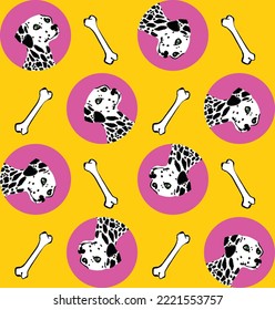 Abstract Hand Drawing Colorful Cute Dalmatian Dogs with Bones Seamless Vector Pattern Isolated Background