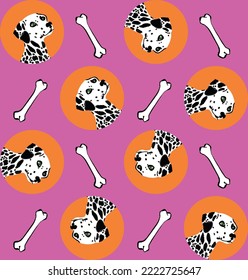 Abstract Hand Drawing Colorful Cute Dalmatian Dogs with Bones Seamless Vector Pattern Isolated Background