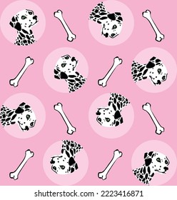 Abstract Hand Drawing Colorful Cute Dalmatian Dogs with Bones Seamless Vector Pattern Isolated Background