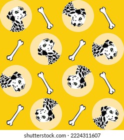 Abstract Hand Drawing Colorful Cute Dalmatian Dogs with Bones Seamless Vector Pattern Isolated Background