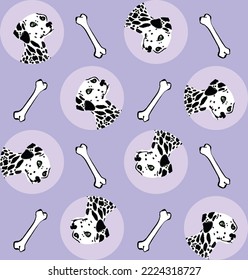 Abstract Hand Drawing Colorful Cute Dalmatian Dogs with Bones Seamless Vector Pattern Isolated Background