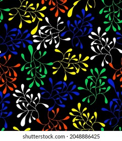 Abstract Hand Drawing Colorful Embroidery Leaves Seamless Vector Pattern Isolated Black Background