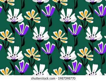 Abstract Hand Drawing Colorful Flowers and Leaves Seamless Vector Pattern Isolated Background