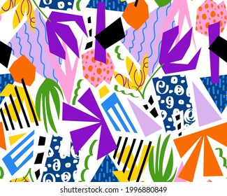 Abstract Hand Drawing Colorful Geometric Shapes Flowers and Leaves Seamless Vector Pattern Isolated Background