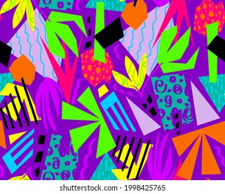 Abstract Hand Drawing Colorful Geometric Shapes Flowers and Leaves Seamless Vector Pattern Isolated Background