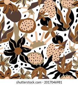Abstract Hand Drawing Colorful Geometric Shapes Flowers and Leaves Seamless Vector Pattern Isolated Background