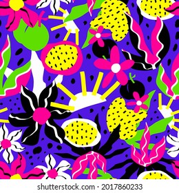 Abstract Hand Drawing Colorful Geometric Shapes Flowers and Leaves Seamless Vector Pattern Isolated Background