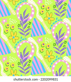 Abstract Hand Drawing Colorful Geometric Shapes Flowers and Leaves Seamless Vector Pattern Isolated Background