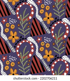 Abstract Hand Drawing Colorful Geometric Shapes Flowers and Leaves Seamless Vector Pattern Isolated Background