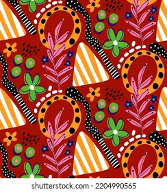 Abstract Hand Drawing Colorful Geometric Shapes Flowers and Leaves Seamless Vector Pattern Isolated Background