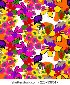 Abstract Hand Drawing Colorful Mix Ditsy Retro Tropical Exotic Flowers and Leaves Seamless Vector Pattern Isolated Background