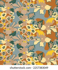 Abstract Hand Drawing Colorful Mix Ditsy Retro Tropical Exotic Flowers and Leaves Seamless Vector Pattern Isolated Background
