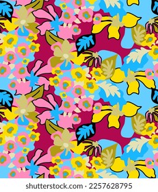 Abstract Hand Drawing Colorful Mix Ditsy Retro Tropical Exotic Flowers and Leaves Seamless Vector Pattern Isolated Background