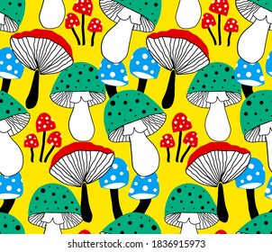 Abstract Hand Drawing Colorful  Mushrooms Repeating Vector Pattern Isolated Background