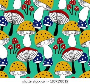 Abstract Hand Drawing Colorful  Mushrooms Repeating Vector Pattern Isolated Background