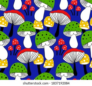 Abstract Hand Drawing Colorful  Mushrooms Repeating Vector Pattern Isolated Background