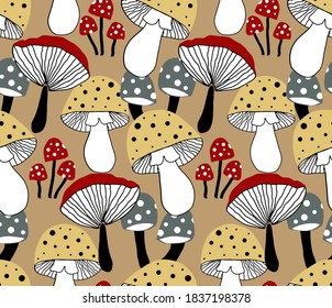 Abstract Hand Drawing Colorful  Mushrooms Repeating Vector Pattern Isolated Background