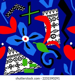 Abstract Hand Drawing Colorful Pop Art Geometric Shapes Flowers and Leaves Seamless Vector Pattern Isolated Background