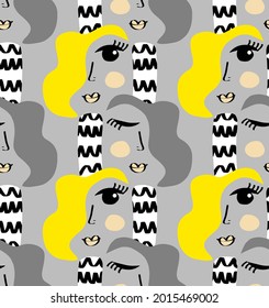 Abstract Hand Drawing Colorful Retro Women Faces Doodles Seamless Vector Pattern Isolated Background
