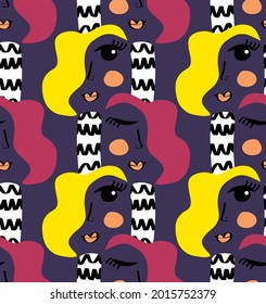 Abstract Hand Drawing Colorful Retro Women Faces Doodles Seamless Vector Pattern Isolated Background