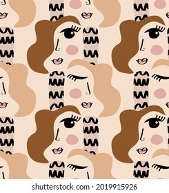 Abstract Hand Drawing Colorful Retro Women Faces Doodles Seamless Vector Pattern Isolated Background