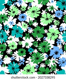 Abstract Hand Drawing Colorful Retro Flowers Seamless Vector Pattern Isolated Background 