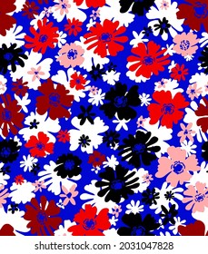 Abstract Hand Drawing Colorful Retro Flowers Seamless Vector Pattern Isolated Background 