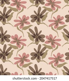Abstract Hand Drawing Colorful Retro Flowers and Leaves Seamless Vector Pattern Isolated Cream Background