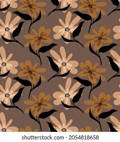 Abstract Hand Drawing Colorful Retro Flowers and Leaves Seamless Vector Pattern Isolated Brown Background