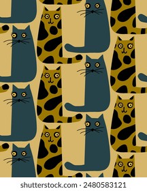 Abstract Hand Drawing Colorful Retro Pop Art Cute Comic Cats Seamless Childish Baby Vector Pattern Isolated Background