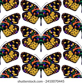 Abstract Hand Drawing Colorful Tile Art Deco Monarch Butterflies Seamless Vector Pattern Isolated Background