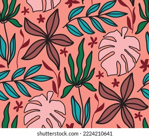 Abstract Hand Drawing Colorful Tropical Exotic Flowers and Leaves Seamless Vector Pattern Isolated Background