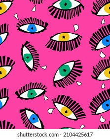 Abstract Hand Drawing Cubism Pop Art Geometric Eyes and Tears Seamless Vector Pattern Isolated Background
