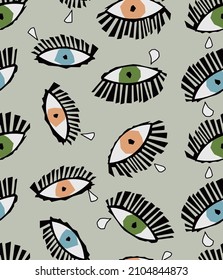 Abstract Hand Drawing Cubism Pop Art Geometric Eyes and Tears Seamless Vector Pattern Isolated Background