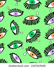 Abstract Hand Drawing Cubism Pop Art Geometric Eyes and Tears Seamless Vector Pattern Isolated Background