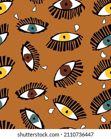 Abstract Hand Drawing Cubism Pop Art Geometric Eyes and Tears Seamless Vector Pattern Isolated Background