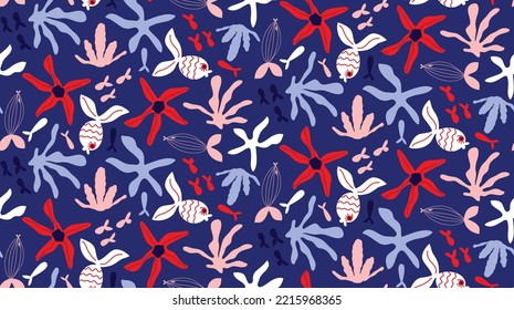 Abstract Hand Drawing Cute Animal Fishes Corals Starfishes Seamless Marine Concept Vector Pattern Isolated Background