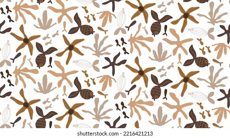 Abstract Hand Drawing Cute Animal Fishes Corals Starfishes Seamless Marine Concept Vector Pattern Isolated Background