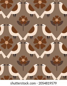 Abstract Hand Drawing Cute Birds Pigeons and Flowers Seamless Vector Pattern Isolated Background