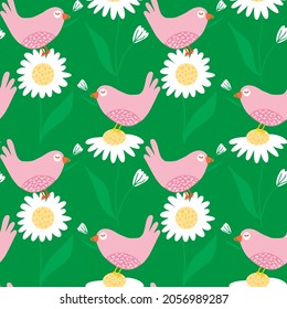 Abstract Hand Drawing Cute Birds Pigeons and Daisy Camomile Flowers Leaves Seamless Vector Pattern Isolated Background